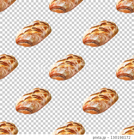 Watercolor repeating pattern of artisan bread loaves with scoring details and golden crust. Versatile design for deli menus and culinary content 130198172