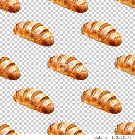 Seamless pattern with watercolor bread loaves on clean white background. Ideal for cafe branding and homemade food designs 130198173
