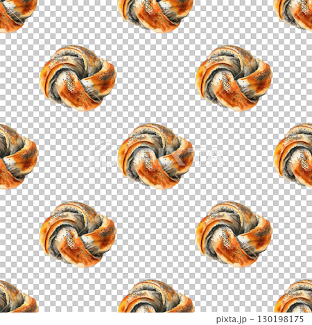 Bakers collection seamless pattern featuring watercolor poppy seed braided buns with rustic charm. Perfect for recipe books and packaging 130198175