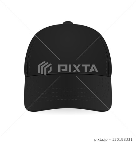Vector 3d Black Blank Baseball Cap Mockup, Isolated. Realistic Baseball Cap Template. Vector Baseball Cap Design for Branding, Logo Presentation, Fashion Accessories, Sport Outfit. Front View 130198331