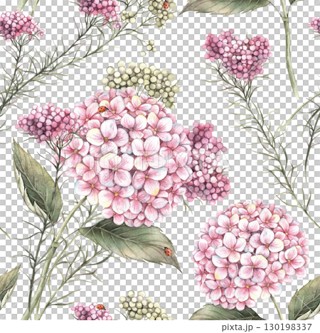 Beautiful flowers of hydrangea and ozothamnus, beautifully intertwined with each other. Watercolor seamless pattern of flowers is suitable for decorating textiles, packaging, wedding and floral design Beautiful flowers of hydrangea and ozothamnus, beautifully intertwined with each other. Watercolor seamless pattern of flowers is suitable for decorating textiles, packaging, wedding and floral design 130198337