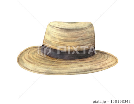 A straw hat beige with a black ribbon. Watercolor illustration drawn by hand on an isolated background. Suitable for the design of different agricultural posters, different design, postcards, 130198342