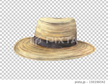 A straw hat beige with a black ribbon. Watercolor illustration drawn by hand on an isolated background. Suitable for the design of different agricultural posters, different design, postcards, 130198342