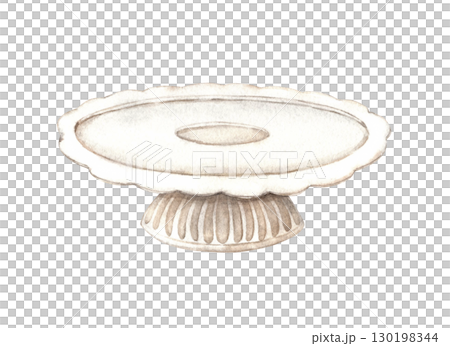 White ceramic openwork plate stand for sweet desserts and cakes. Watercolor illustration on an isolated background is suitable for decorating desserts, confectionery, shops. 130198344