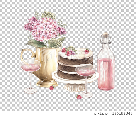 A multilayer cake with cream layers, a vase with hydrangea flowers, pink wine and glasses, raspberries. Watercolor illustration is suitable for wedding invitations, postcards, gentle holidays. A multilayer cake with cream layers, a vase with hydrangea flowers, pink wine and glasses, raspberries. Watercolor illustration is suitable for wedding invitations, postcards, gentle holidays. 130198349