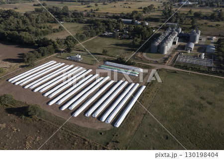 Silo bag filled with soy beans, La Pampa Province, Patagonia, Argentina. 130198404