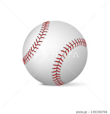 Vector 3d Realistic Baseball Ball. Vector Baseball Ball with Red Stitching on White Leather. Professional Baseball Ball for Sport Equipment, Game Design, Branding, Logo Mockup 130198708