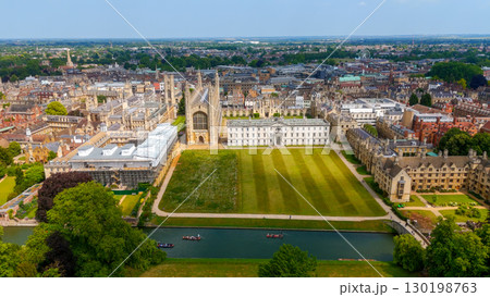 Aerial view of Cambridge University, showcasing historic architecture and the River Cam 130198763