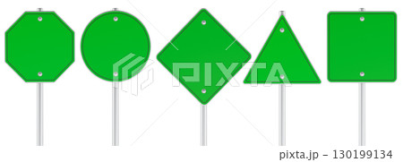 Empty green road signs of different shapes. Octagon, circle, diamond, triangle, and square. 3D rendering Empty green road signs of different shapes. Octagon, circle, diamond, triangle, and square. 3D rendering 130199134