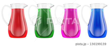 Glass pitchers with colorful drinks. 3D rendering Glass pitchers with colorful drinks. 3D rendering 130199139
