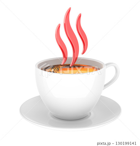 Hot drink in white cup with stylized red steam rising above. 3D rendering 130199141
