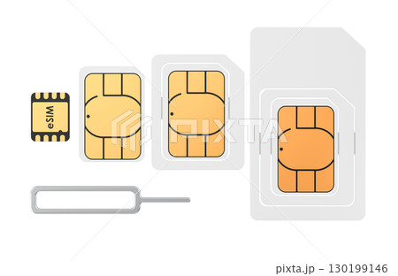 Sim card types and eSIM with ejector tool. 3D rendering 130199146
