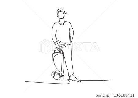 Single continuous line drawing young male standing with his board, representing personal identity, freedom, and culture of a thrilling hobby. Dynamic one line draw graphic design vector illustration 130199411