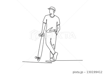 Single continuous line drawing man is standing, casually holding his skateboard. Symbolizing relaxed confidence and urban lifestyle of skater. Dynamic one line draw graphic design vector illustration 130199412