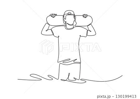 Continuous one line drawing man is standing, casually holding skateboard on his shoulder. Symbolizing relaxed confidence, urban lifestyle of skater. Single line draw design vector graphic illustration 130199413