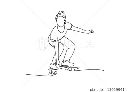 Continuous one line drawing attractive woman carving turn at outdoors park. Representing skill, agility, and urban lifestyle of female skateboarder. Single line draw design vector graphic illustration 130199414