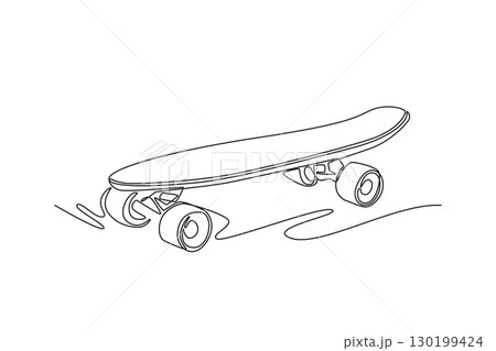 Single continuous line drawing a longboard-style skateboard. Embodying a recreational activity, athletic sport, and the essence of a fun hobby. Dynamic one line draw graphic design vector illustration Single continuous line drawing a longboard-style skateboard. Embodying a recreational activity, athletic sport, and the essence of a fun hobby. Dynamic one line draw graphic design vector illustration 130199424
