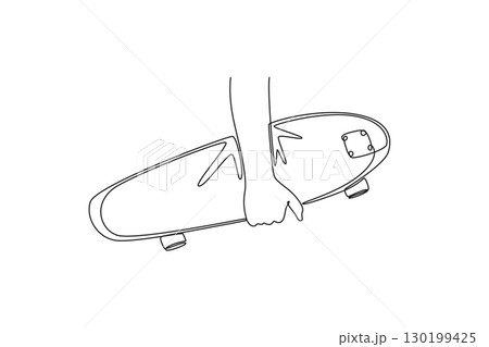 Single one line drawing human hand holding a skateboard, representing the personal identity, freedom, and the culture of thrilling hobby. Modern continuous line draw design graphic vector illustration 130199425