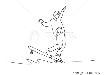 Single one line drawing young male in a fluid motion, representing casual style, agility, balance, and urban lifestyle of a skateboarder. Modern continuous line draw design graphic vector illustration 130199426