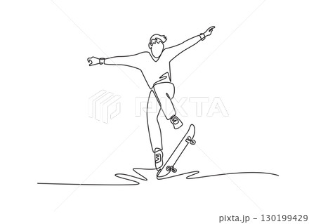 Single one line drawing young male performing a jump at outdoor park. Representing skill, agility, and urban lifestyle of a skateboarder. Modern continuous line draw design graphic vector illustration 130199429