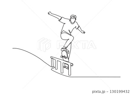 Continuous one line drawing man performing rail grind on a metal rail. Symbolizing technical skill, balance, and energetic culture of skateboarding. Single line draw design vector graphic illustration 130199432