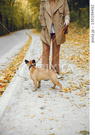 Woman and dog play and have fun in the autumn park. Brown french bulldog with female owner spend a day at the park walking. Woman wearing beige coat. 130199492