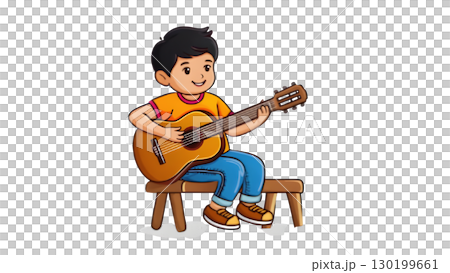 Cartoonish Young Boy Playing Acoustic Guitar Instrument Musical Entertainment 130199661