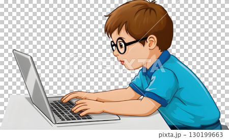 Cartoon Style Illustration of Concentrated Boy Using Laptop for Study 130199663