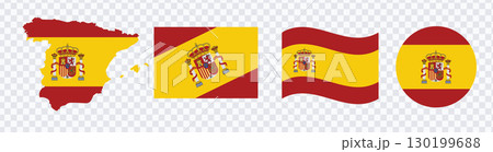 Spain flag stickers and icon set. Vector map, wavy flag, and emblem collection. 130199688