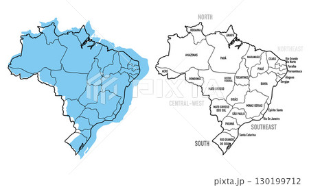 Brazil political and administrative vector map set. Blue and outline illustration with states and regions. 130199712