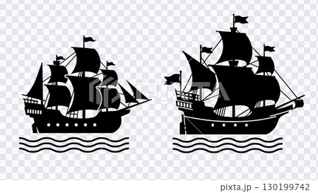 Historical sailing ship silhouette collection. Columbus Day elements 130199742