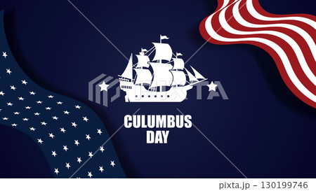 Columbus day greeting card with ship and waving American flags isolated on dark blue background 130199746