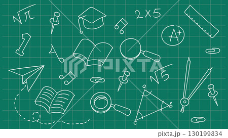 Back to school hand-drawn doodle element collection on a cutting mat background.Vector illustration Back to school hand-drawn doodle element collection on a cutting mat background.Vector illustration 130199834