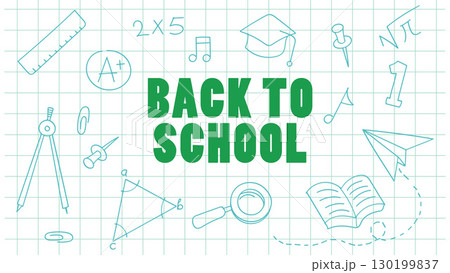 Back to school banner with hand-drawn doodles on a notebook background. 130199837