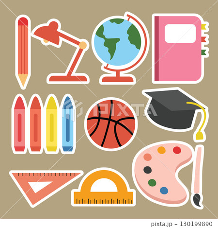 Cute stickers featuring various school and art supplies.The collection includes items like a globe, crayons, crayon,rules,graduation cap, and a notebook flat design illustration 130199890