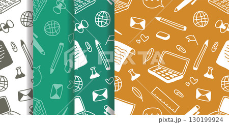 Collection of seamless doodle line art school supplies patterns.Vector illustration. Collection of seamless doodle line art school supplies patterns.Vector illustration. 130199924