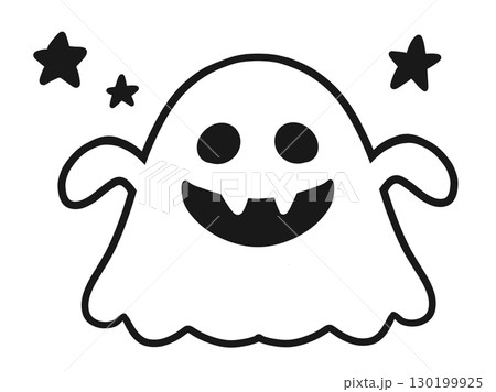 ハロウィンの白黒線画の牙付きお化けのイラスト ハロウィンの白黒線画の牙付きお化けのイラスト 130199925