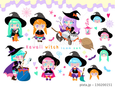 ハロウィンのかわいい魔女のイラストアイコンセット ハロウィンのかわいい魔女のイラストアイコンセット 130200151