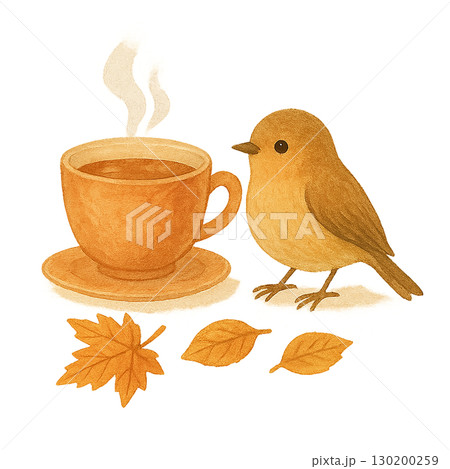 秋の小鳥とコーヒーカップのイラスト(透過PNG) 秋の小鳥とコーヒーカップのイラスト(透過PNG) 130200259