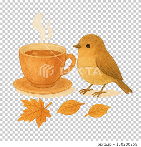 秋の小鳥とコーヒーカップのイラスト(透過PNG) 秋の小鳥とコーヒーカップのイラスト(透過PNG) 130200259