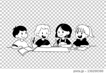 グループディスカッションをする子供たちのイラスト（白背景・手書き風） 130200380