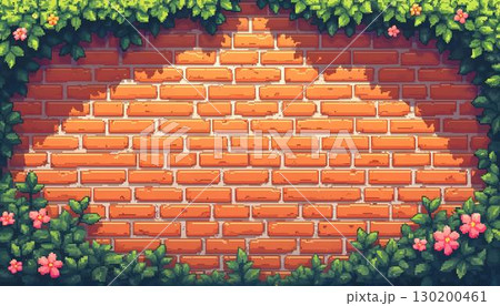 Pixelated depiction of an old brick wall with flowers and vines, crafted for retro gaming environments 130200461
