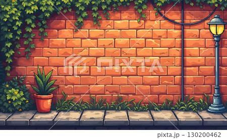 Old brick wall with a lamp and plants, designed in 8-bit pixel art style for retro game backgrounds 130200462