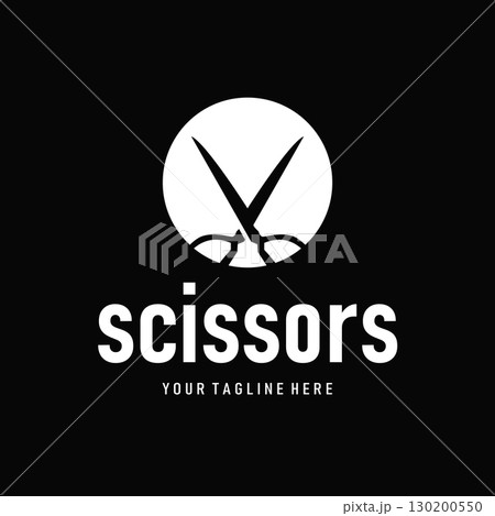 barber tool scissors logo design, with a simple concept of a black scissors silhouette as a symbol or brand for business products and also a poster template barber tool scissors logo design, with a simple concept of a black scissors silhouette as a symbol or brand for business products and also a poster template 130200550