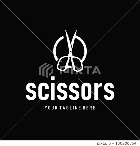 barber tool scissors logo design, with a simple concept of a black scissors silhouette as a symbol or brand for business products and also a poster template 130200554