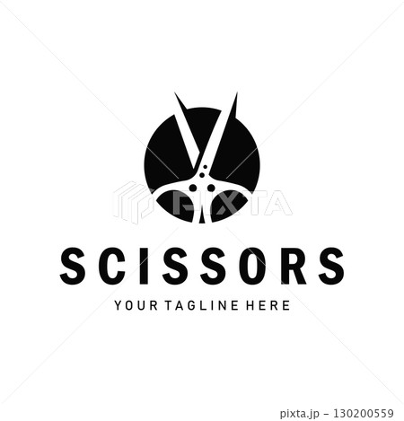 barber tool scissors logo design, with a simple concept of a black scissors silhouette as a symbol or brand for business products and also a poster template barber tool scissors logo design, with a simple concept of a black scissors silhouette as a symbol or brand for business products and also a poster template 130200559
