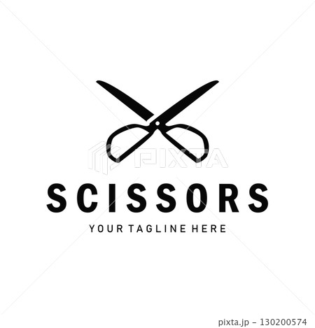barber tool scissors logo design, with a simple concept of a black scissors silhouette as a symbol or brand for business products and also a poster template 130200574