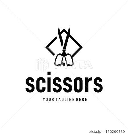 barber tool scissors logo design, with a simple concept of a black scissors silhouette as a symbol or brand for business products and also a poster template barber tool scissors logo design, with a simple concept of a black scissors silhouette as a symbol or brand for business products and also a poster template 130200580