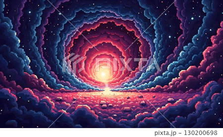 Vintage pixel art depicting a tunnel with a glowing light at the end, styled in 8-bit for game asset use 130200698