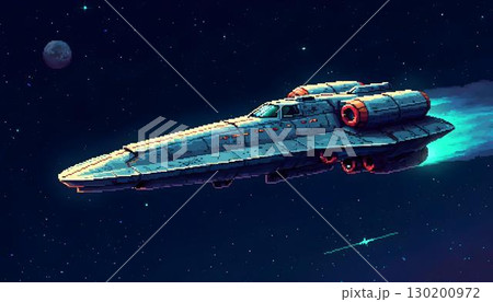 An 8-bit vintage space fighter flying against a starry night backdrop, capturing the essence of retro pixel art 130200972